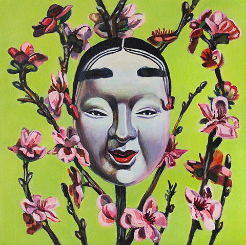 Artist Nick Lee's painting of Sakura cherry blossoms framing a Noh Theater mask.