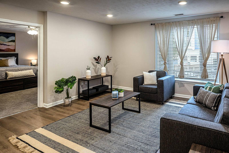Photograph of an interior living room area in The Standard on Main apartment building in downtown Akron, Ohio